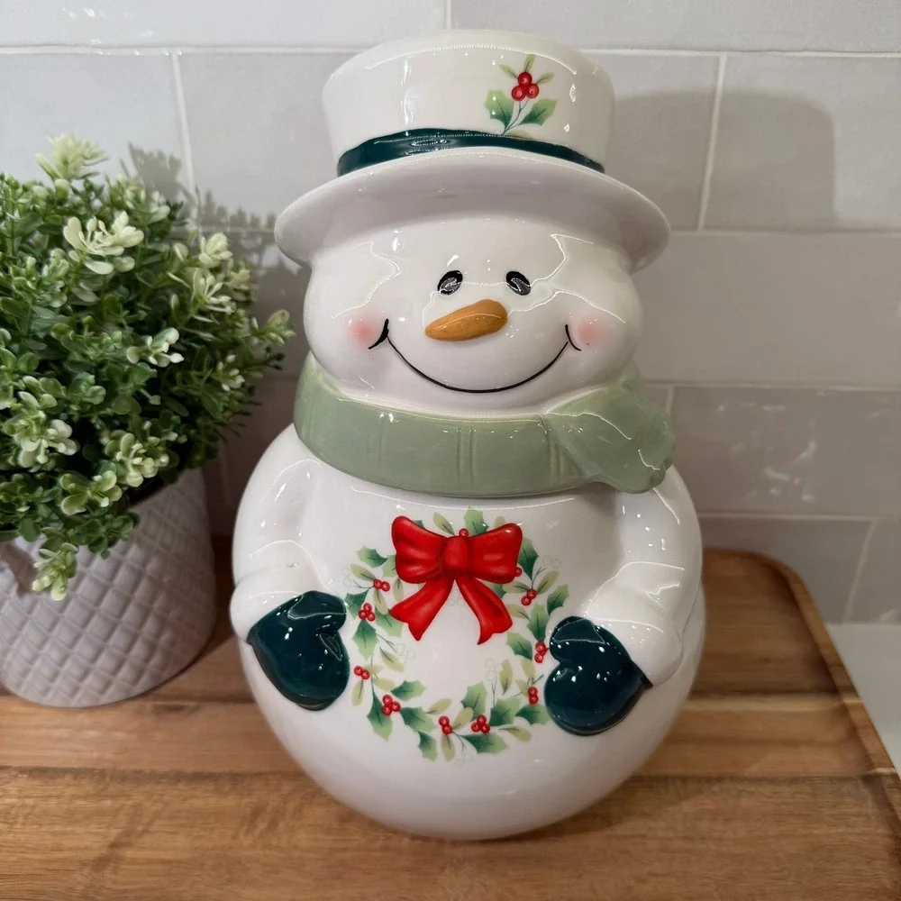 Pfaltzgraff Cookie Jar Winterberry Snowman Ceramic‎ Holiday  Christmas Decor